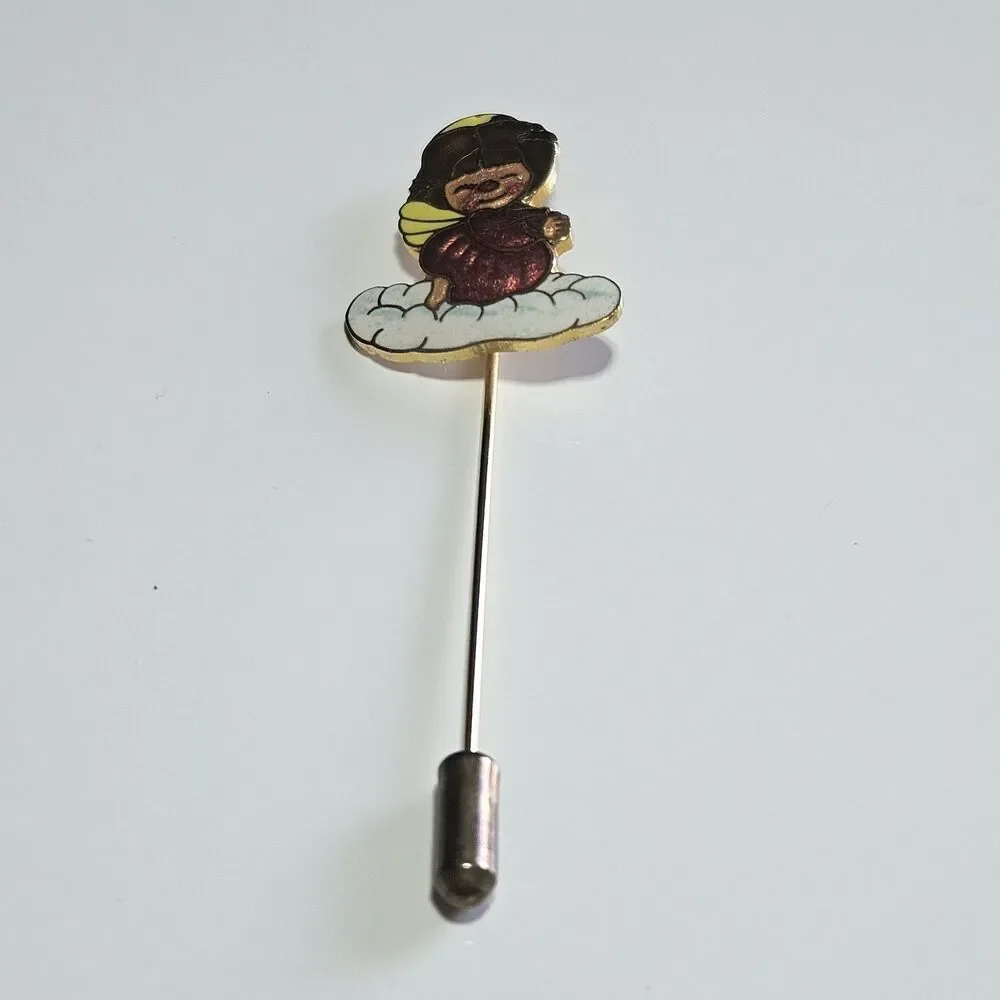 Vintage 1978 Enameled Centennia Stick Pin Gold Tone Angel Praying Red Pink Lapel